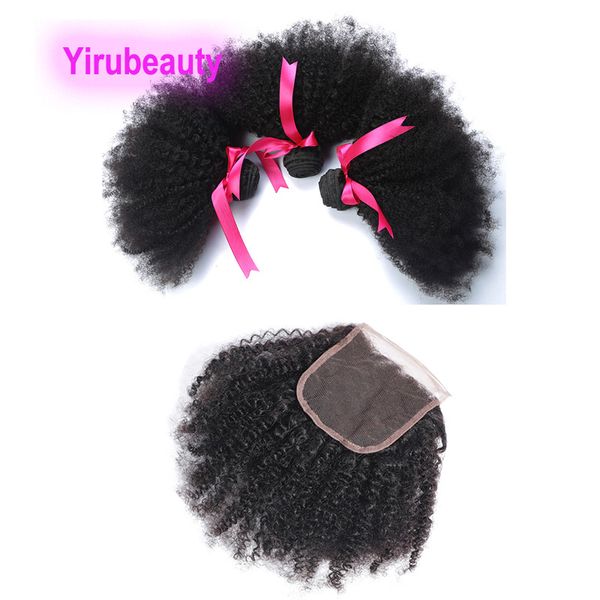 

brazilian peruvian 100% human hair wefts with 4x4 lace closure afro kinky curly part 4 pcs/lot natural color, Black;brown