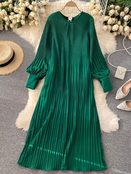 

dresses vintage pleated chiffon long dress women casual solid pink/green/red oneck draped slim vacation vestidos autumn robe 2020 new, Black;gray