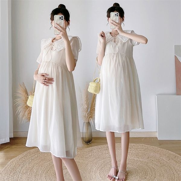 

maternity dresses 5043# summer korean fashion maternity long dress sweet chic ins a line clothes for pregnant women ins postpartum pregnancy, White