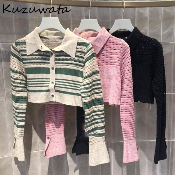 

sweaters kuzuwata lapel long sleeve sweaters stripe short cardigans single breasted sueters de mujer hollow out new pulls femme, White;black