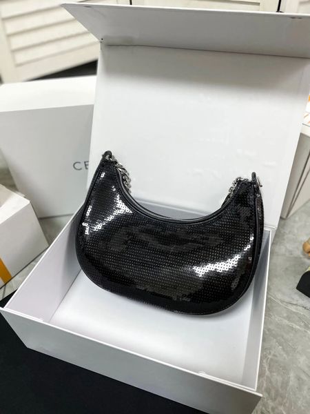

designer bags luxury sequin armpit shoulder bag women half moon handbag purse zipper closure removable chain fashion letters dinner wallet c, Black;red