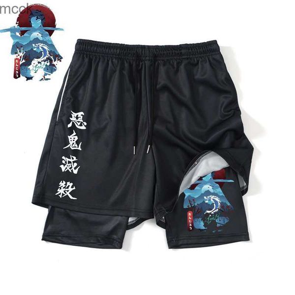 

men's shorts anime demon slayer men's running shorts 2 in 1 summer breathable gym training jogging sport shorts tanjirou print wor, White;black