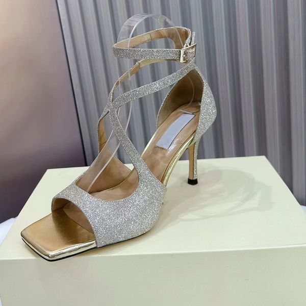 

Fashion Sandals Luxury Designer Women Dress Shoes Ankle Strap Buckle Sexy Square Toe Open Toe 8.5CM High Heels Leather Sole Summer Wedding Shoe, Silver