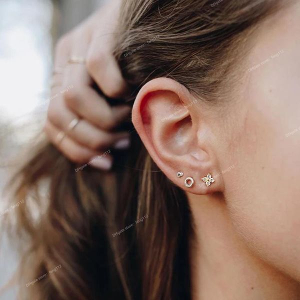 

925 sterling silver stud earrings cute zircon ear bone nail mini crystal flower pierced earrings fashion jewelry earringsstud earrings, Golden;silver