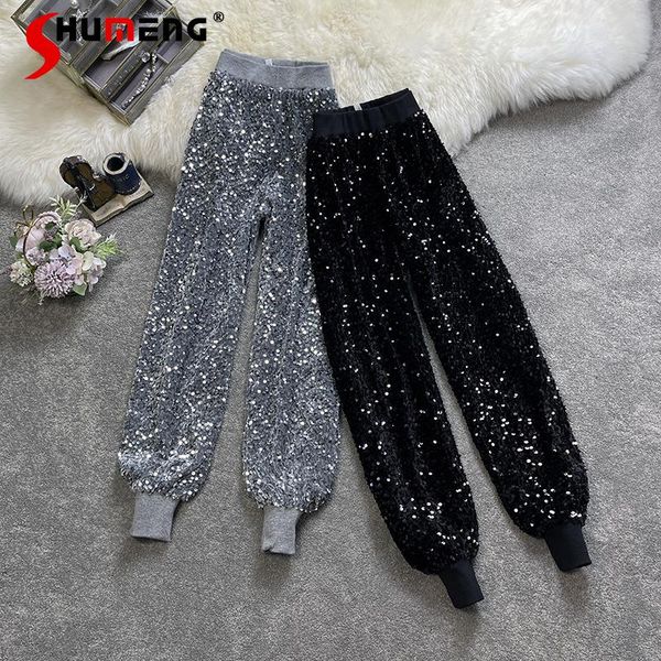 

capris women's casual starry sky sequins pants 2021 winter new high waist leg shaping trousers fashion glitter bloomers harem pants, Black;white