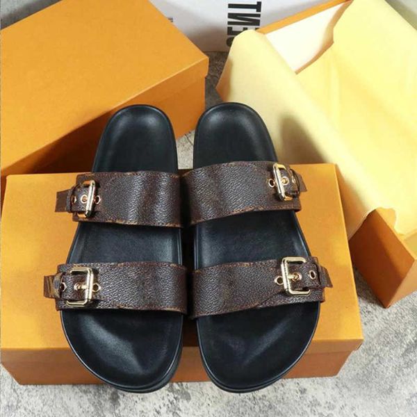 

designer sandals bom dia flat mule slide sandal fashion women gold buckles letter print leather summer slippers big size 35-42 no35, Black