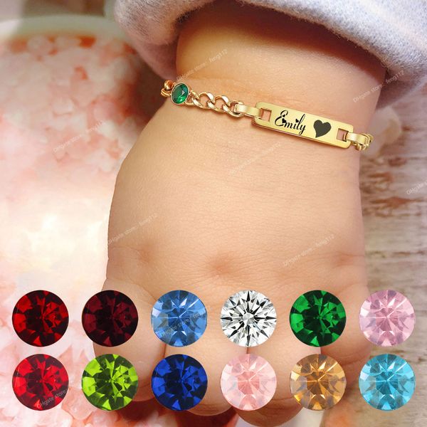 

engrave personalized id baby bracelet with birthstone,customzied name curb chain adjustable,newborn boy girl child birthday gift customized, Golden;silver