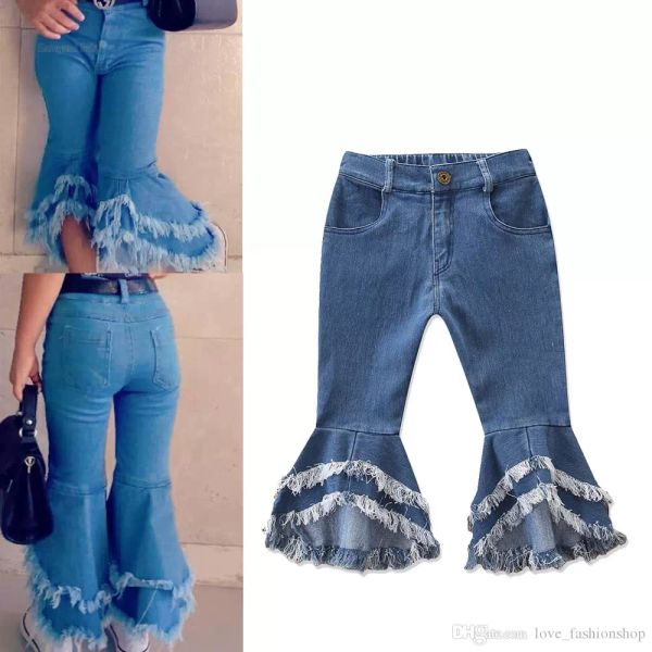 

retail ins baby girls jeans flare trousers denim tassels jeans leggings tights kids designer clothes pant fashion children clothes, Blue