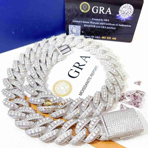 

hip hop jewelry 20mm 3 row pass diamond test vvs moissanite diamond iced out necklace 925 silver cuban link chain