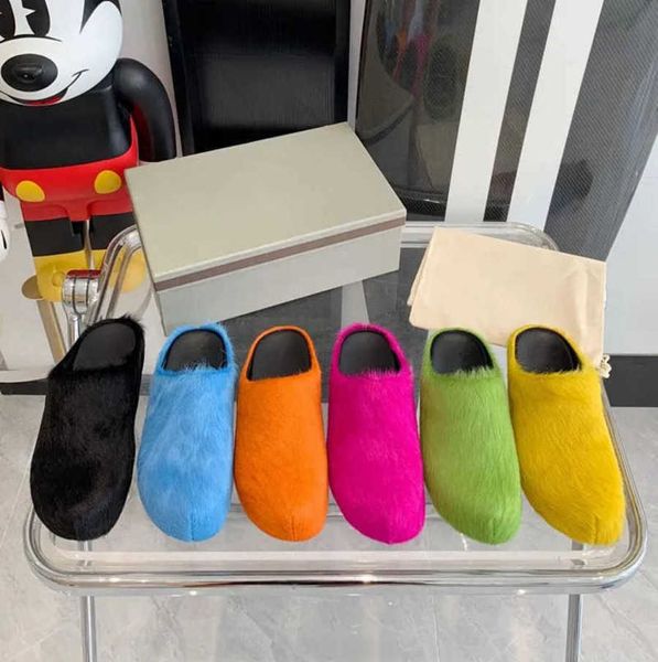 

fashion fur slippers women men round toe marn horse hair slides female black rose red green mules shoes flat half slipper woman casual furry