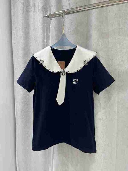 

women's hoodies & sweatshirts designer navy style t-shirt spring/summer new beaded rhinestone tie decoration satin acetic acid wave edg, Black