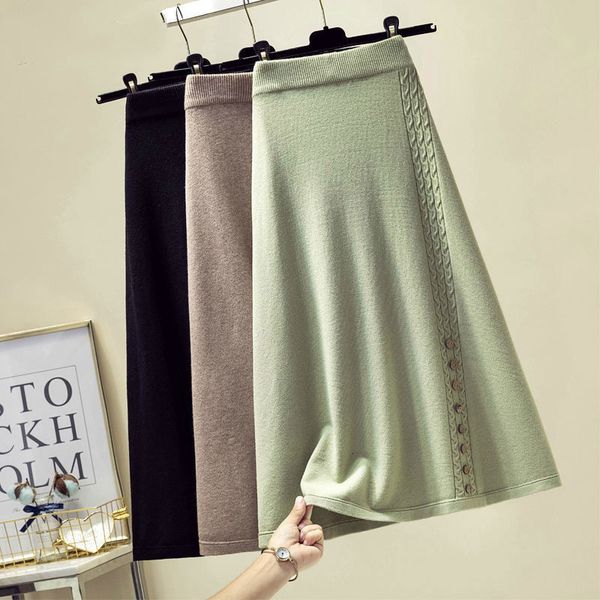 

skirts peonfly autumn winter women midi long skirt casual solid warm a line high waist knitted skirt female with button ladies 230417, Black