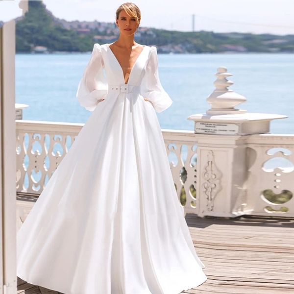 

simple satin wedding dress women white ivory puffy long sleeves beach v-neck a-line pleats backless bridal gown 2023 vestidos noiva robe de