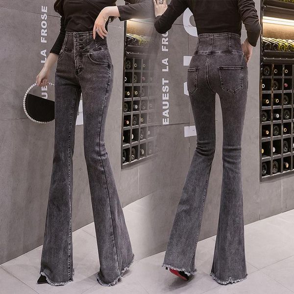 

jeans fashion women's jeans 2020 autumn new high waist slimming retro brushed stretch drape flared trousers, Blue