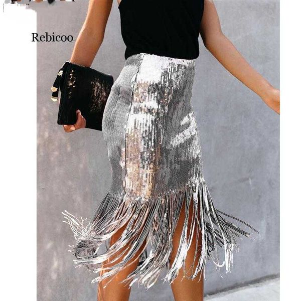

skirts outono lantejoulas tassel midi saia mulheres inverno bodycon de cintura alta festa clube saias moda vestidos magro feminino j230417, Black
