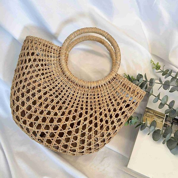 

beach tote bag semicircle straw bag hand woven rattan crescent bag handbag 230301