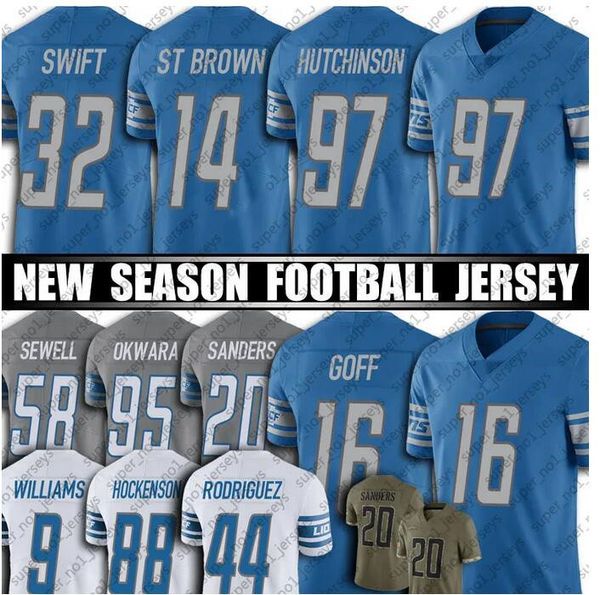 

football jersey detroit''lions''14 amon-ra st. brown 9 jameson williams 97 aidan hutchinson 20 barry sanders 16 jared go, Black;red