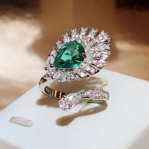 

peacock statement wrap open rings emerald for women girl dainty adjustable delicate flower animal vintage ring jewelry, Golden;silver