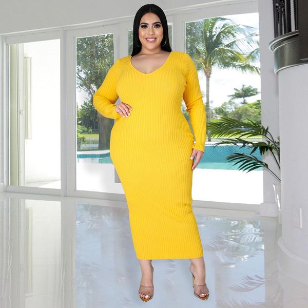 

dresses autumn winter solid color long sleeved ribbed pitted knitted cotton midi dress v neck plus size dresses women wholesale, Black