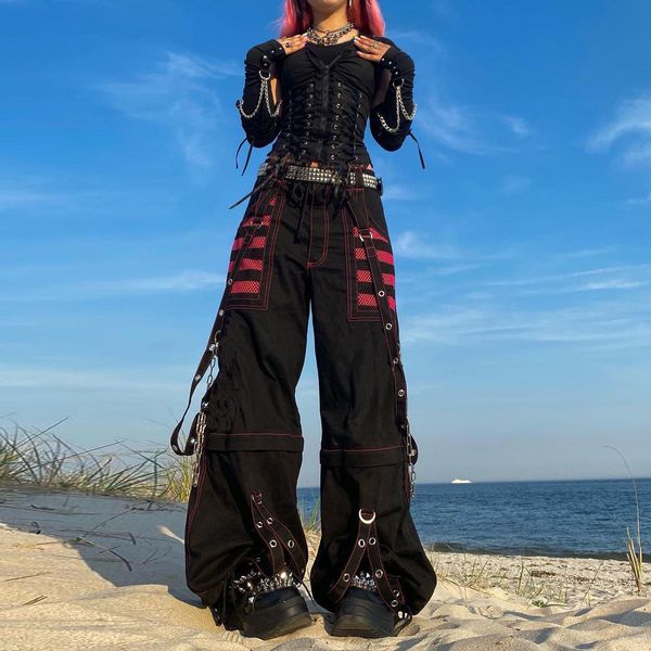 

capris oversize low rise spodnie 90s baggy cargo spodnie streetwear spodnie damskie z szerokimi nogawkami punkowe spodnie gotycki styl y2, Black;white