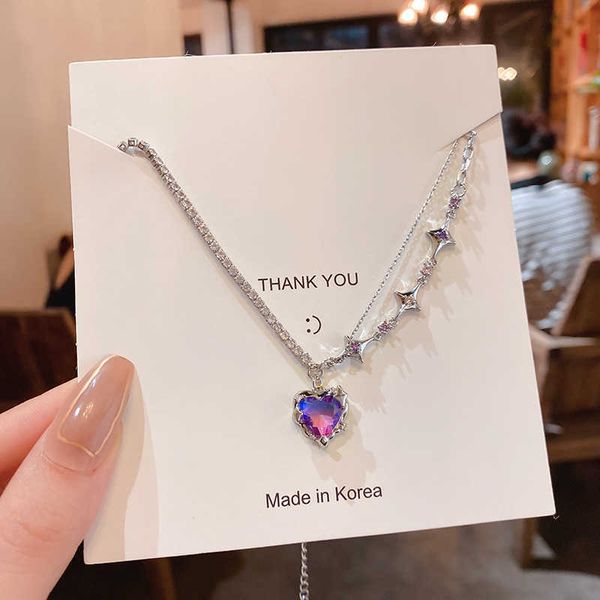 

pendant necklaces new fashion purple crystal peach heart water drop pendant necklace girls cool clavicle chain aesthetic jewelry y2k accesso, Silver