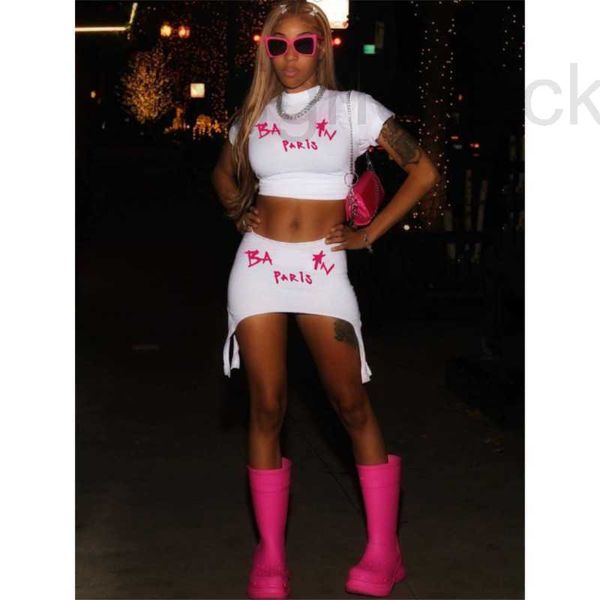 

two piece dress designer american hip hop skirt set women streetwear short skirts fashion tshirt 2-pie t shirt girl slim tracksuits hewt, White