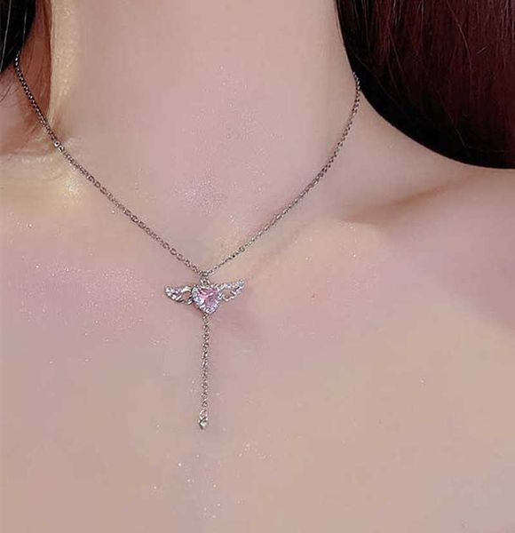 

pendant necklaces 2022 new pink crystal angel wings heart pendant necklace for woman minimalist jewelry girl's neck chain cupid arrow z, Silver