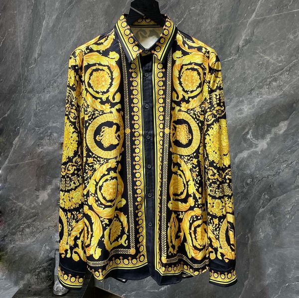 

black gold flower print men's shirts summer fashion men casual shirts long-sleeved thin slim fit business dress shirts, White;black