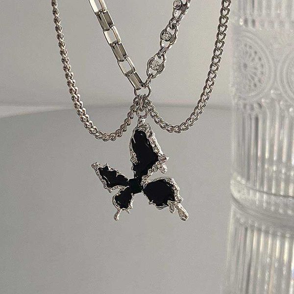 

pendant necklaces punk gothic black liquid butterfly necklace for women fashion metal silver color tassels chain necklace y2k jewelry gifts