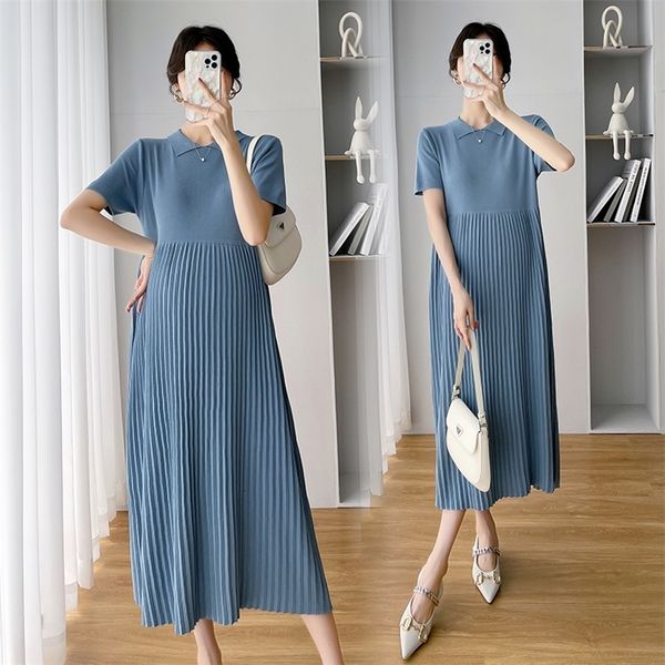 

maternity dresses 5038# summer thin ice cool pleated knitted maternity long dress elegant a line loose clothes for pregnant women ins ol pre, White