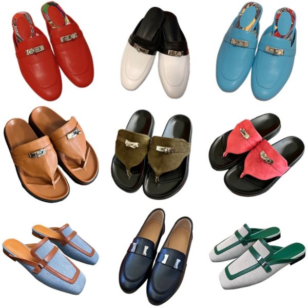 

Slippers luxury women's loafers top leather designer shoes classic summer platform shoes metal lock flip flops print sole sandals flat heel beach shoes outdoor shoes, 23