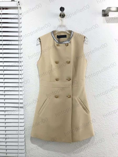 

khaki designer womens dresses clothes summer spring fashion luxury customized double breasted silver decorative double breasted sleeveless v, Black;gray