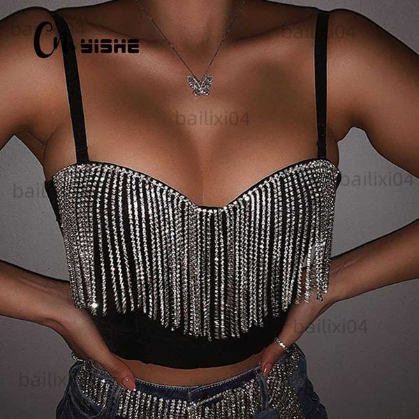 

women's tanks camis cnyishe fashion clubwear diamond tassel crop sleeveless t shirts slim lady bralette strap skinny female tee t2304, White