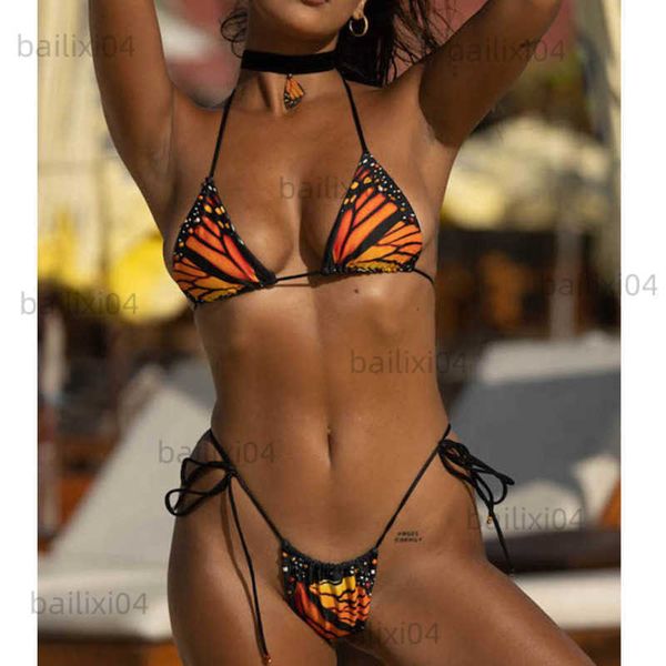 

women's swimwear bandage swimsuit 2023 butterfly print bikinis women swimwear micro thong triangle bikini set backless bath suits femal, White;black