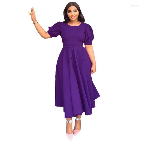 

Ethnic Clothing Summer Fashion 2023 African Women Solid Maxi Dress Elegant Puff Sleeves Design Slim Waist Hollow Party Dresses Ladies