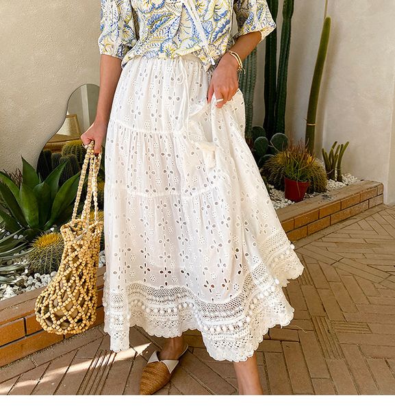 

skirts white floral embroidery long skirt women casual cotton summer skirts vintage elastic high waist boho beach lace falda 230417, Black