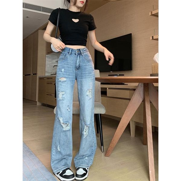 

jeans women blue jeans vintage irregular ripped straight wide leg pants high waist casual self cultivation denim trouser ladies summer