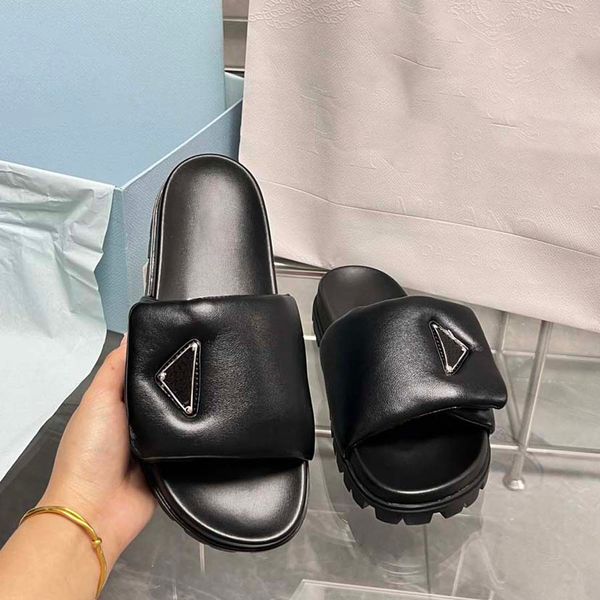 

leather slide slippers platform sandals shoes slip-on triangle logo flats sandal women slides classic women slides slipper factory footwear, Black