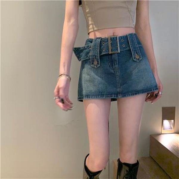 

skirts spring/summer y2k design high waist denim skirt women's large size slim a-line short skirt pants with belt 230417, Black