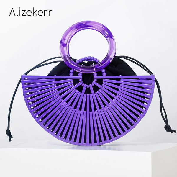 

evening bags vintage half round bamboo beach handbags women summer hollow out round acrylic handle woven straw bags holiday 230414