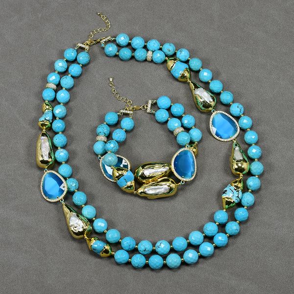 

jewelry sets 2 rows blue faceted turquoise cultured white biwa pearl cz paved blue crystal necklace bracelet sets lady gifts, Silver