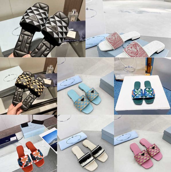 

designer slippers triangle quilted fabric jacquard slipper embroidery women slippers summer beach sandals flat slides letter leather shoes l, Black