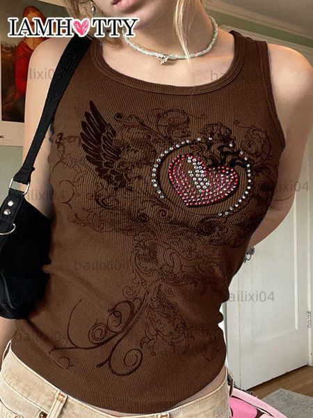 

women's tanks camis iamy graphic cute rhinestone print y2k crop women harajuku sleeveless retro fairycore grunge cami casual vest t230, White