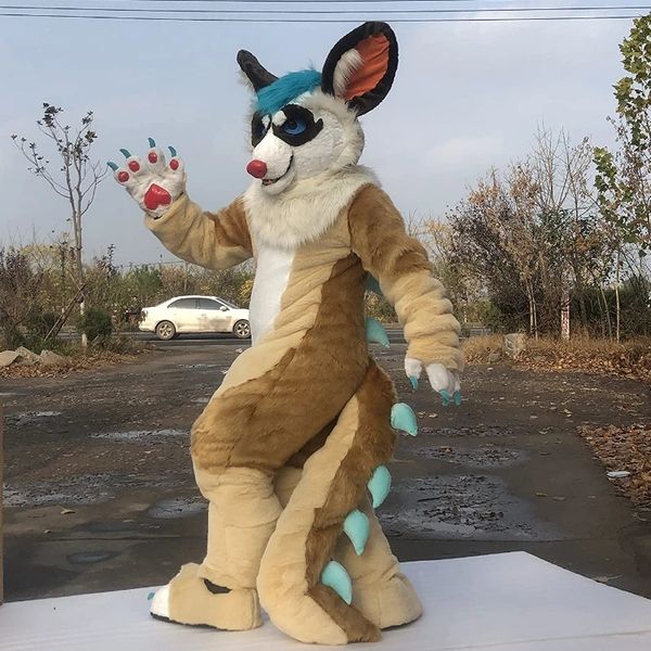

husky mascot costumes child teen full furry suit bent legs beige fursuit dragon, Red;yellow