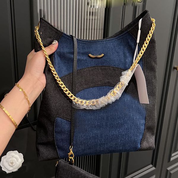 

designer denim hobo underarm bag luxury tote black blue two-tone gold metal hardware chain large capacity shoulder handbag with litter pouch
