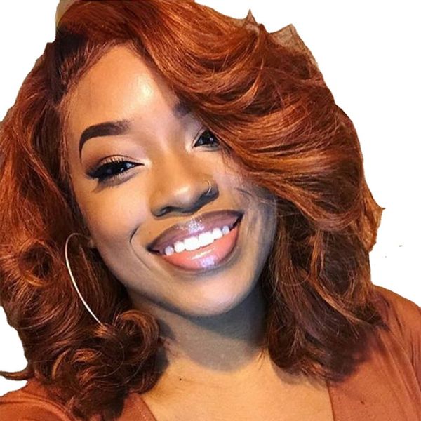 

curly wavy lace front human hair wig for women colored brazilian remy hair pre plucked glueless highlight brown bob wigs, Black;brown