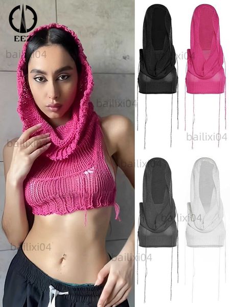 

women's tanks camis see throughwomen knit hooded tank sleeveless knitted sweater streetwear y2k crochet crop coquette hipster camisole, White