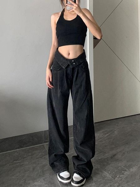 

jeans casual high waist cargo pants woman vintage black baggy denim trousers slim 2022 autumn korean fashion wide leg jeans design, Blue