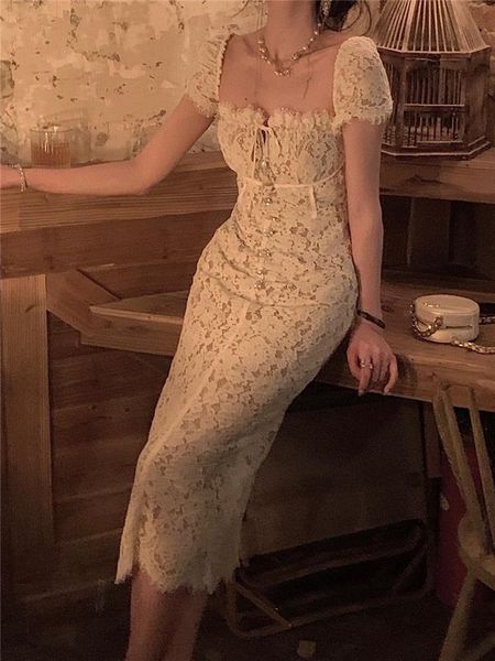 

dresses midi dress women elegant summer 2022 new bodycon square collar fashion evening vestido female clothes vintage lace dresses, Black;gray