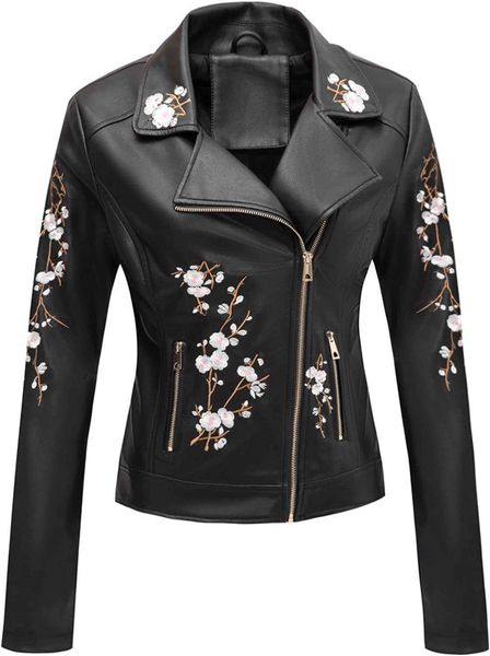 

bellivera womens faux leather casual short jacket spring and winter fashion moto bike floral coat, Black